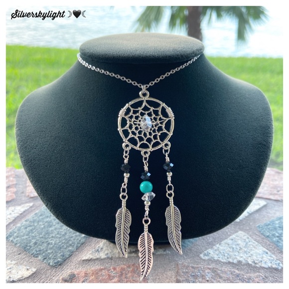 Dream catcher necklace . Herkimer diamonds turquoise gemstone boho jewelry - Picture 3 of 9